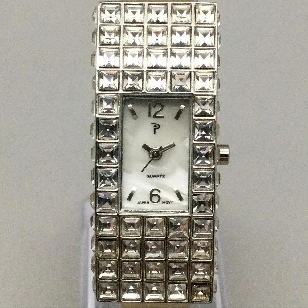 Crystal Bezel Womens Watch 20mm Silver Tone Case Gold Leather MOP New Battery